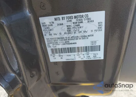 2007 Ford F-150 Lariat/Xlt z USA, uszkodzony, nr VIN 1FTPW12567KB48468